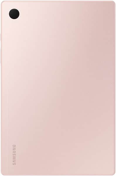 Rear view of rose gold Samsung Galaxy tablet, single rear camera top left, Samsung logo lower left.
