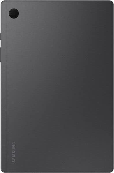 Rear view of Samsung tablet, matte dark gray finish, single rear camera top left, vertical Samsung logo near bottom left.