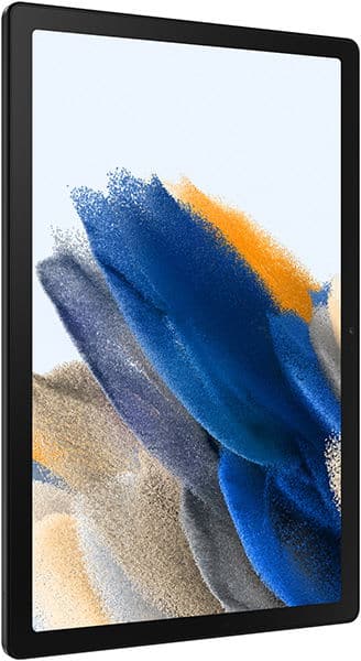 Distorted display with diagonal glitch lines and abstract shapes, front view of tablet screen partially framed by black bars.