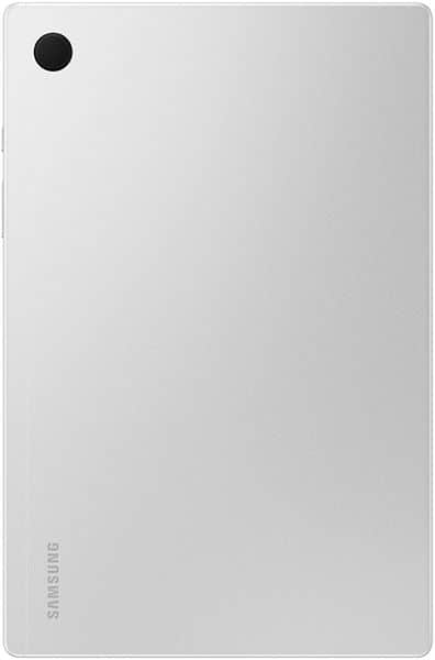 Samsung Galaxy Tab rear view in silver, single camera top left, Samsung logo bottom left, smooth minimalist back design.