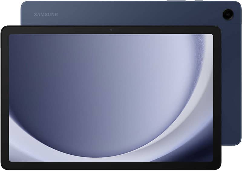 Samsung Galaxy Tab, front (abstract display) and rear (dark blue, top-left camera, Samsung logo upper left) views shown.