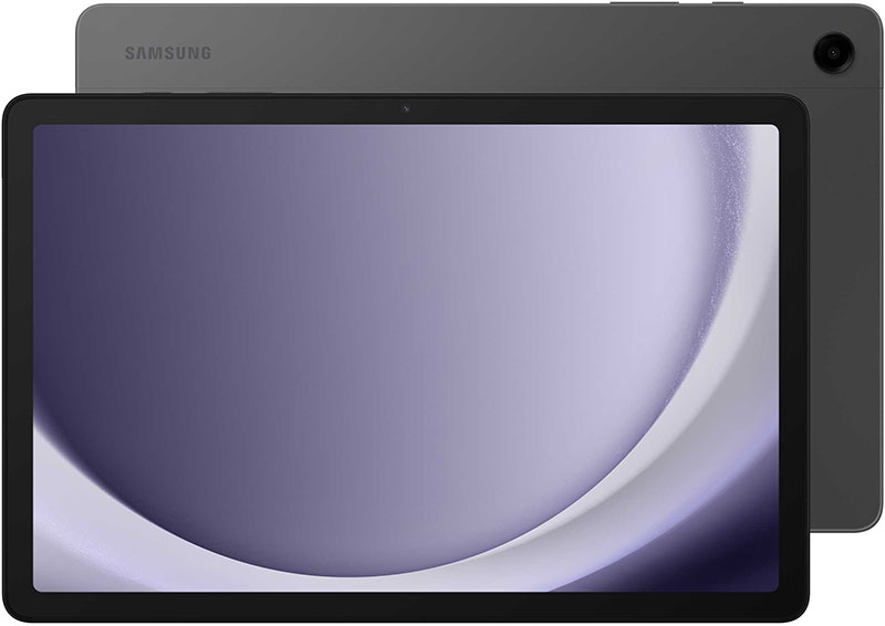 Samsung Galaxy Tab, front view shows large screen with purple abstract display; rear view features camera and Samsung logo.