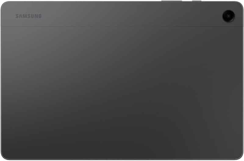 Rear view of a black Samsung tablet with matte finish, Samsung logo in upper left, and rear camera in upper right.
