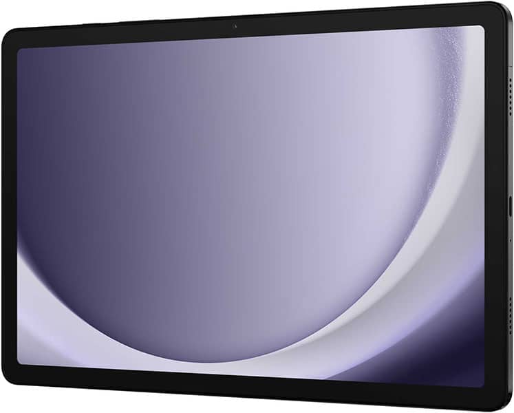Black tablet, possibly Samsung Galaxy Tab, front angled view shows glossy screen, thin bezel, and purple-white abstract display.