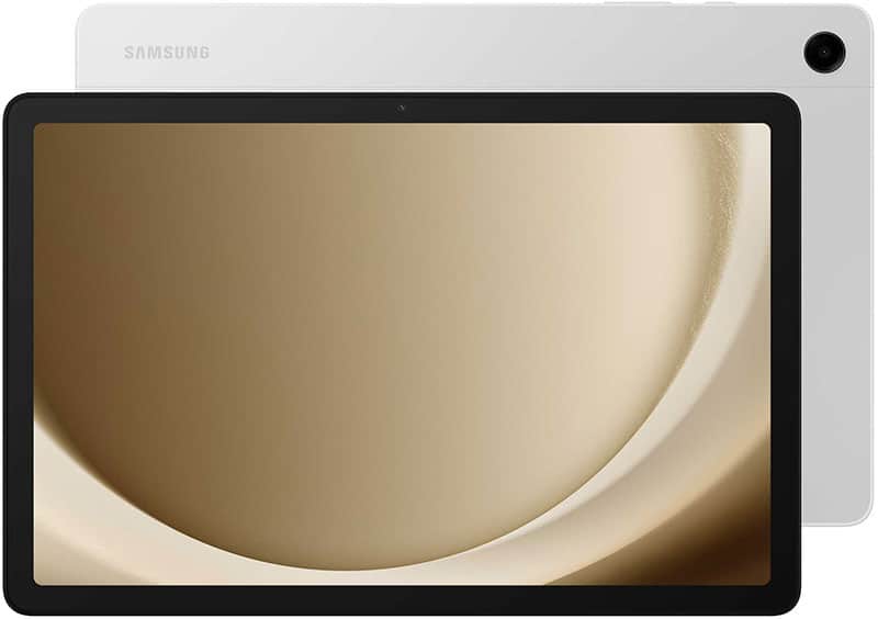 Samsung tablet, likely Galaxy Tab series, shown in landscape from rear and front. White back, black bezel, beige display pattern.