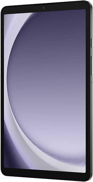 Samsung Galaxy Tab S8, front right angle, large display, thin bezels, purple-white background, buttons on right edge.