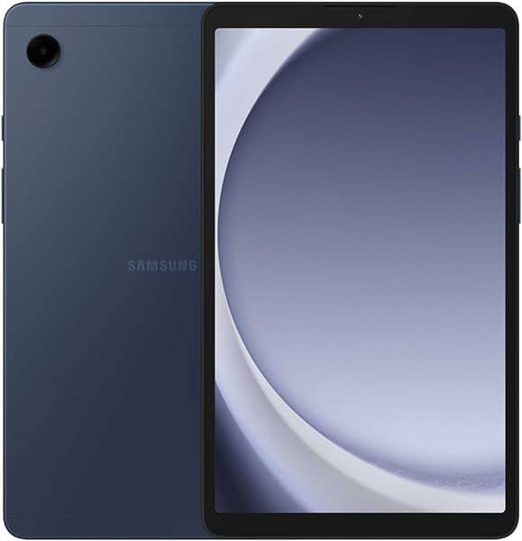 Samsung tablet, front and rear views; large display, single rear camera (upper left), dark blue color. Model not specified.