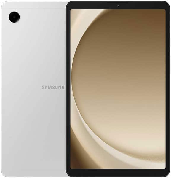 Samsung Galaxy Tab, white, shown front and back; rear has a single camera, logo; front displays beige and cream minimalist screen.