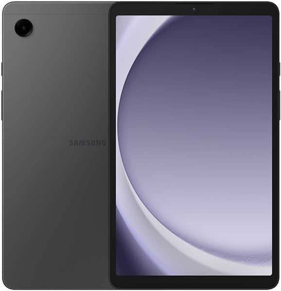 Samsung Galaxy Tab, front view with purple-white abstract display, rear view showing single top-left camera.