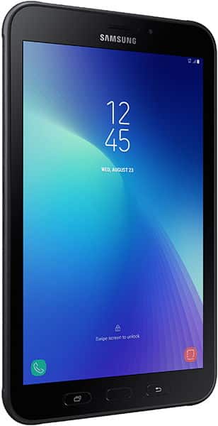 Front view of a Samsung smartphone with blue lock screen, heavily pixelated and diagonally sliced like some tablet display effects.