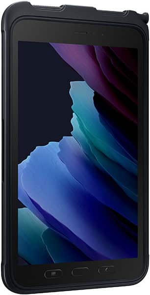 Front view of a distorted tablet display with jagged, pixelated sections and abstract colors; brand/model not identifiable.