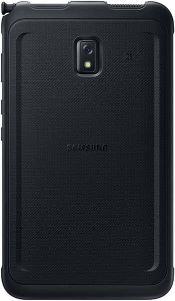 Rear view of black Samsung Galaxy Tab with single rear camera, textured back, rugged edges, and centered Samsung logo.