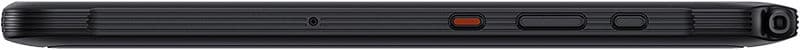 Side view of a black tablet, three side buttons with one orange, and a right-end port; brand and model not specified.