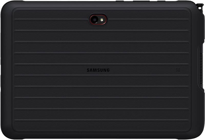 Samsung tablet rear view; black finish, top-center single camera, Samsung logo, and textured horizontal stripes. Model unspecified.