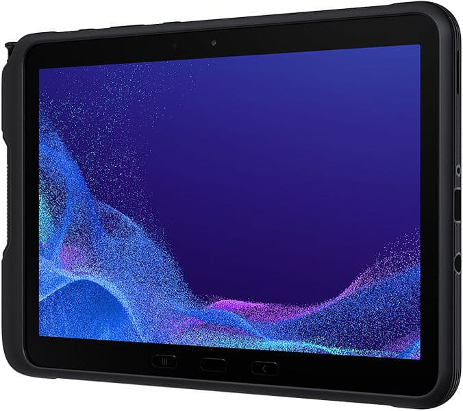 Front view of rugged black tablet with thick case, blue-purple abstract screen, three bottom buttons, and side ports visible.