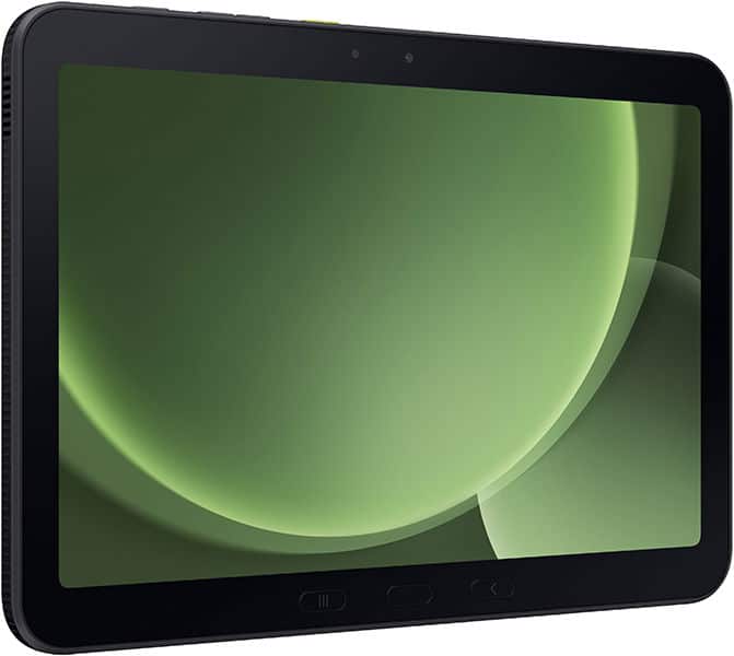 Black tablet, likely Samsung Galaxy Tab, angled front view showing bezels, side buttons, front camera, and green abstract display.