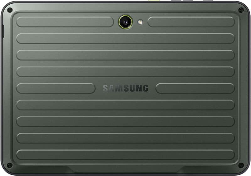Rear view of Samsung tablet showing single rear camera, LED flash, textured ridged back, and centered Samsung logo.