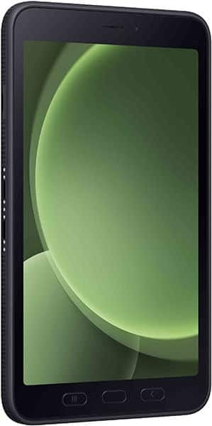 Black tablet, possibly Samsung Galaxy Tab, front angled view with green abstract wallpaper and three physical buttons below display.