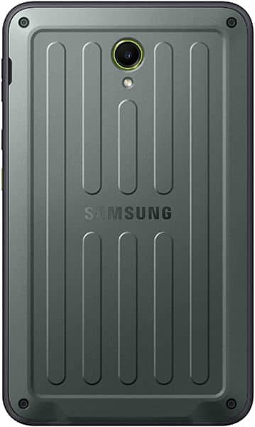 Rear view of a rugged Samsung smartphone with green grooved case next to a Samsung Galaxy Tab tablet, both shown for comparison.