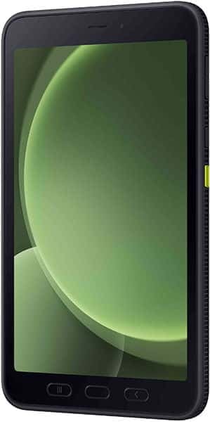 Front view of black tablet, likely Samsung Galaxy Tab Active, green wallpaper, three front buttons, yellow side button.