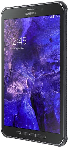 Angled front view of a rugged black Samsung tablet showing 12:45, Sept 4, blue-purple abstract screen, and three buttons below.