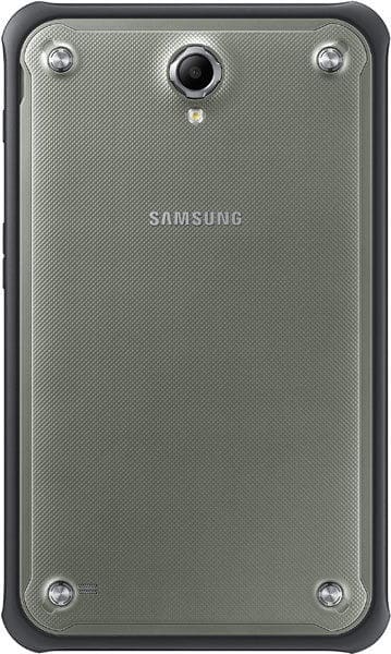 Rear view of Samsung device with textured gray back, single camera, LED flash, four corner screws, and centered Samsung logo.