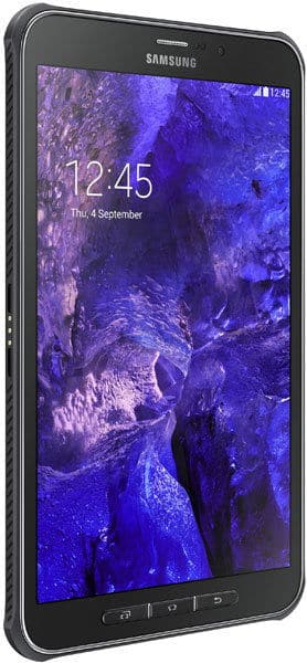 Front angled view of a black Samsung tablet showing blue-purple wallpaper, time 12:45, date 4 Sept, and three front buttons.