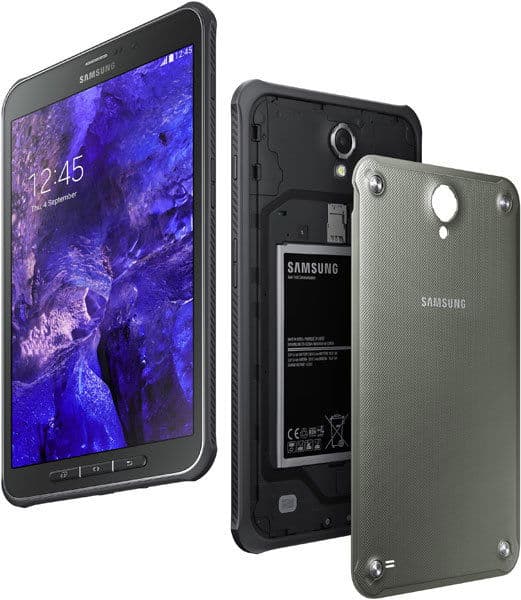 Samsung tablet comparison: front view (display on), rear view (battery compartment open), and rear cover upright beside device.