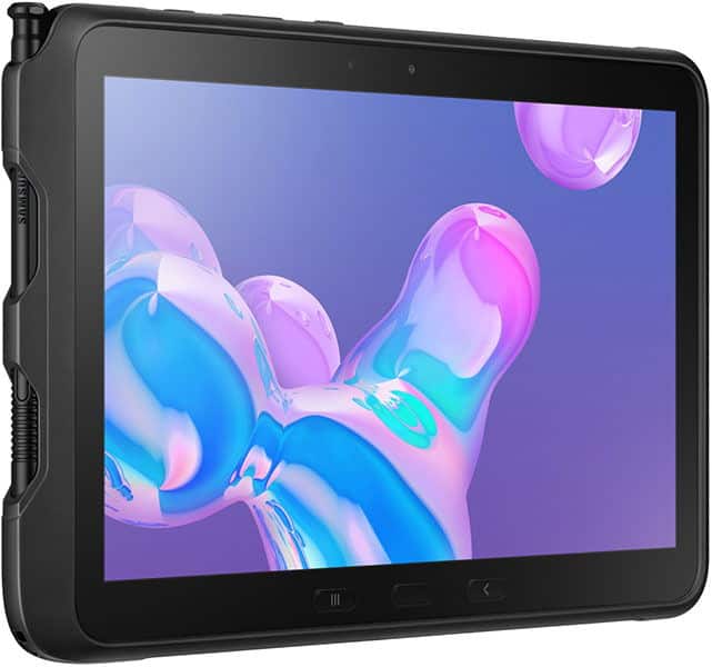 Front view of a rugged black tablet with rounded edges, colorful abstract wallpaper, and physical buttons below the display.