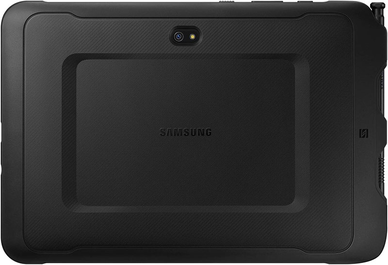 Rear view of Samsung Galaxy Tab, black finish, top-center rear camera, center Samsung logo, right-side stylus slot.