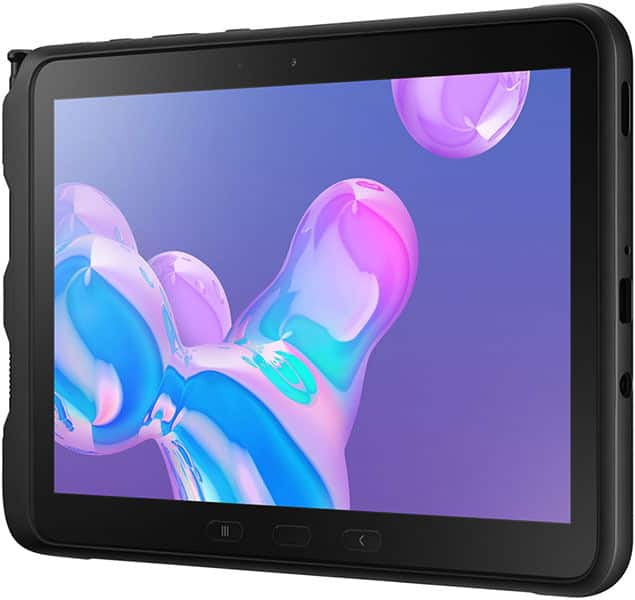 Black rugged tablet, angled front view, three front buttons, screen shows vibrant purple, pink, and blue abstract design.