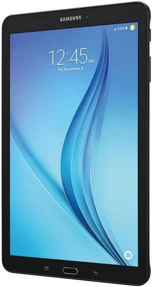Front view of black Samsung tablet showing blue swirl wallpaper, 12:45 time, Nov 6 date, battery and Wi-Fi icons visible.