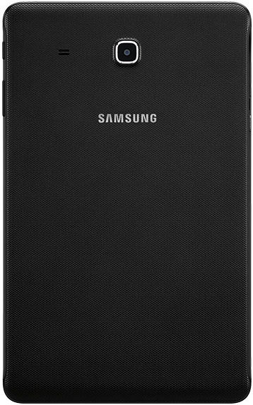 Rear view of black Samsung tablet shows centered camera, side speaker, Samsung logo, and textured back panel. Model unspecified.
