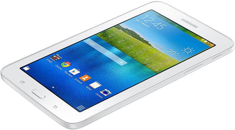 White Samsung tablet, front angled view, home screen with app icons, weather widget, and time 12:45 displayed in bright colors.