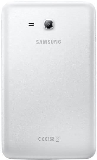 Rear view of white Samsung phone with centered camera, left speaker, Samsung logo mid-back, and CE marks near the bottom.
