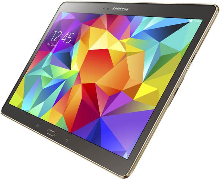 Samsung tablet, likely Galaxy Tab, angled front view showing slim design and vivid geometric wallpaper; screen time is 12:45.