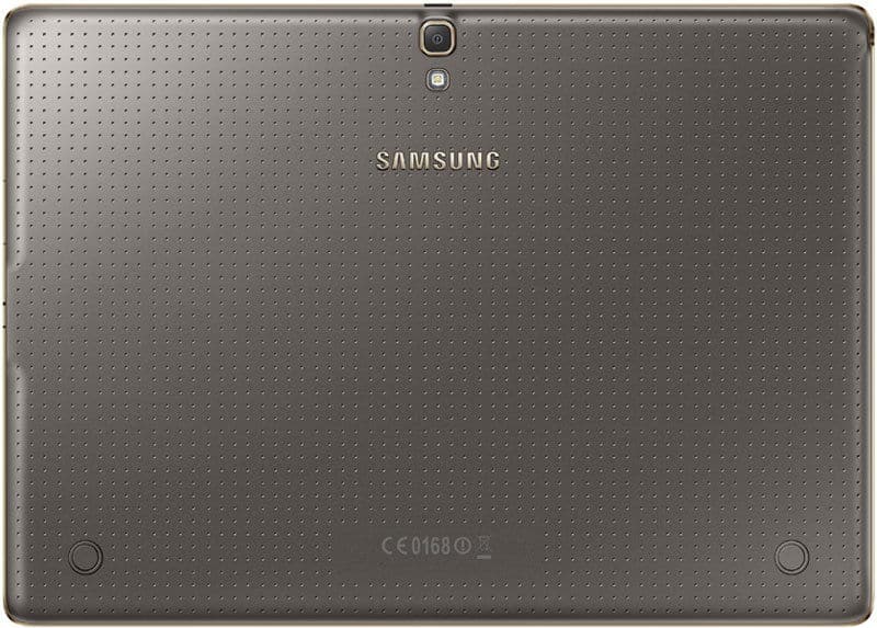 Rear view of Samsung tablet (dark gray, dotted texture), camera centered at top, Samsung logo in middle.