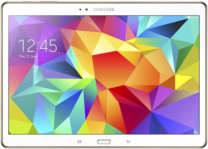Front view of Samsung Galaxy Tab, white, with colorful display, front camera, and three physical buttons under the screen.