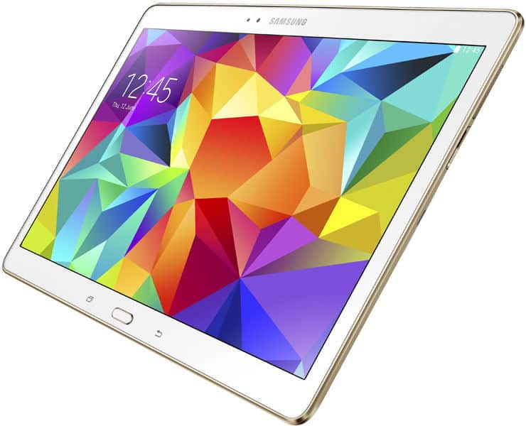Samsung Galaxy Tab in white with gold trim, angled front view showing screen with geometric wallpaper and on-screen navigation keys.
