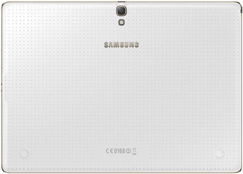 Rear view of white Samsung Galaxy Tab with dotted finish, centered camera and flash, Samsung logo, and regulatory info at bottom.