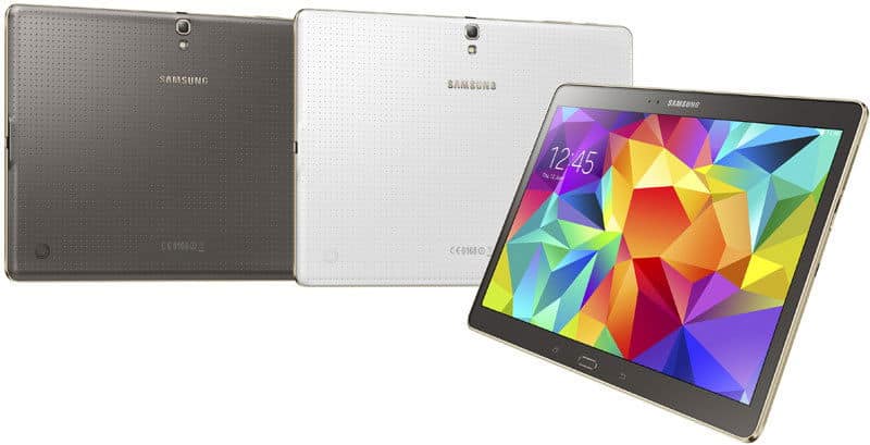 Samsung Galaxy Tab S tablets: rear view in black and white, plus front view with colorful home screen displaying 12:45.