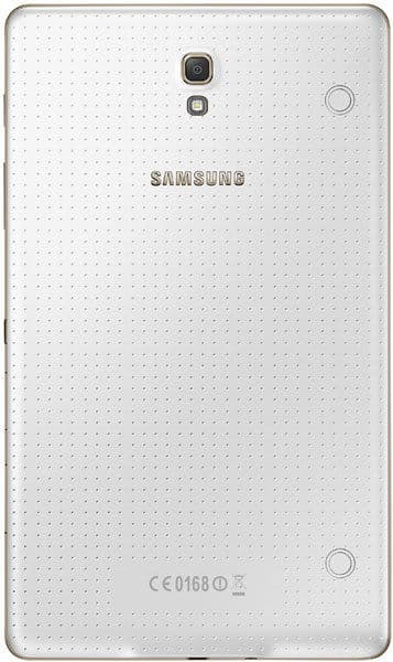 Rear view of white Samsung tablet with top-center camera, Samsung logo, dotted texture, and regulatory markings at the bottom.