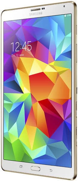 Samsung Galaxy Tab in gold, front angled view, screen on with geometric wallpaper, time 12:45, date Thursday, 12 June.