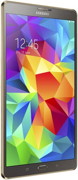 Samsung Galaxy Tab with gold frame, front angled view, colorful geometric wallpaper, time 12:45, date Thursday, 12 June.