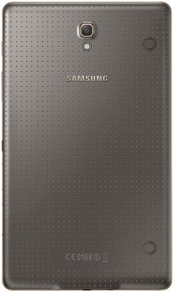 Rear view of a gray Samsung tablet, likely Galaxy Tab, with top-center camera, central Samsung logo, and dimpled back texture.
