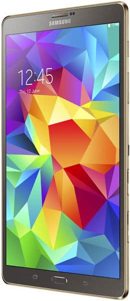 Samsung Galaxy tablet front view with gold edge, colorful geometric display, 12:45 time, visible front camera and home button.