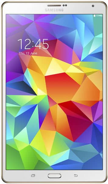 Samsung Galaxy Tab, front view, white bezel, colorful geometric display, time 12:45, date Thursday 12 June, Samsung logo top.