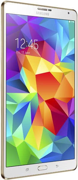 Samsung Galaxy Tab with gold edge, front/side view, geometric wallpaper, 12:45 display, front buttons, Samsung logo visible.