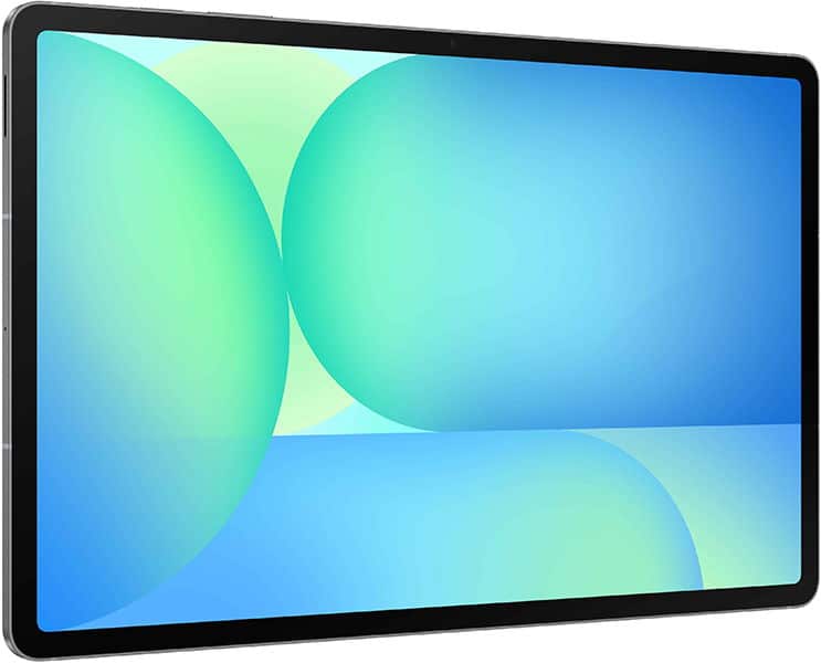 Modern tablet with slim black bezel, shown from angled front view, displaying a blue and green abstract screen background.
