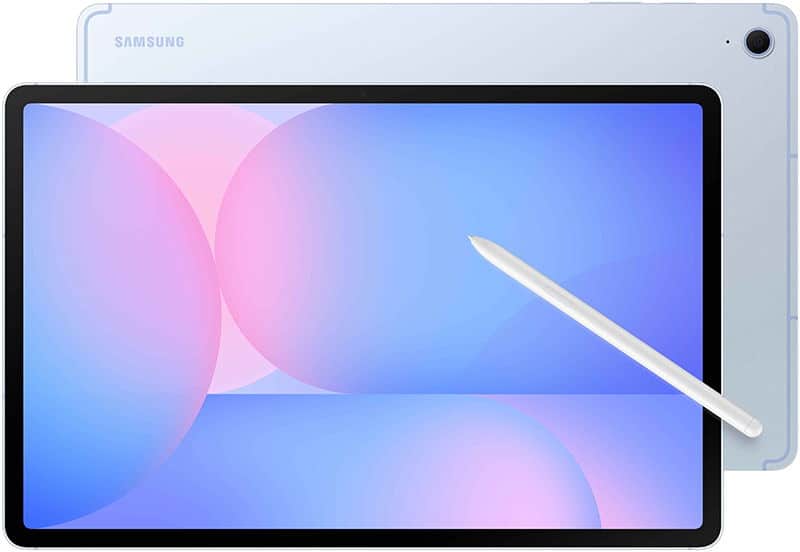 Front view of a light blue Samsung tablet with pastel display, white stylus across screen, and partial rear side visible.